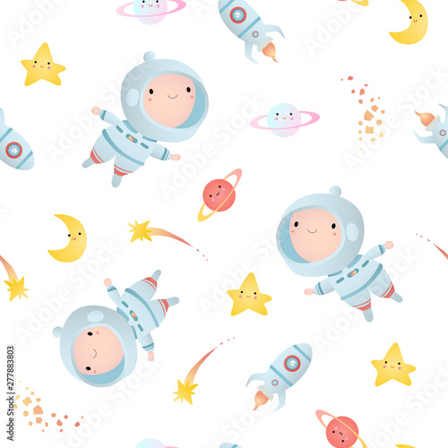 Seamless pattern with  little astronauts floating around in open space, among stars and comets.