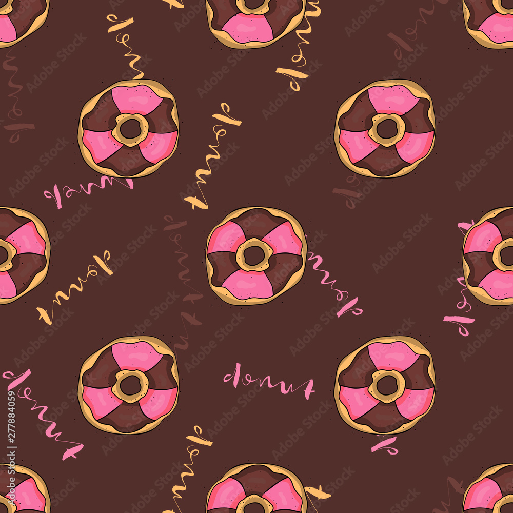 Obraz premium Hand drawn donut seamless pattern. Pastry illustration. Vector bakery background design