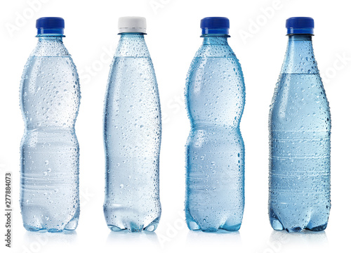Billede på lærred Collection of various cold bottles of water with drops