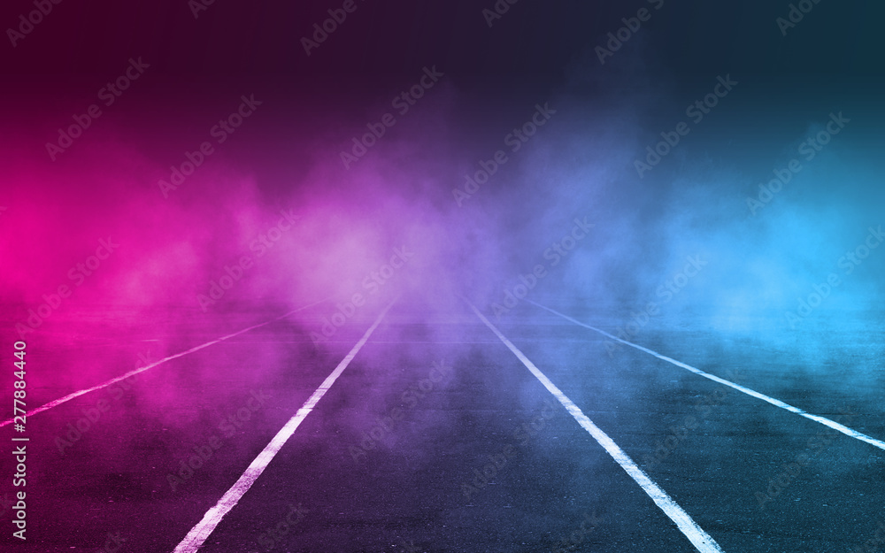 Empty background scene. Dark street reflection on wet asphalt. Rays of neon light in the dark, neon figures, smoke. Background of empty stage show. Abstract dark background. Empty background scene. Dark street reflection on wet asphalt. Rays of neon light in the dark, neon figures, smoke. Background of empty stage show. Abstract dark background.