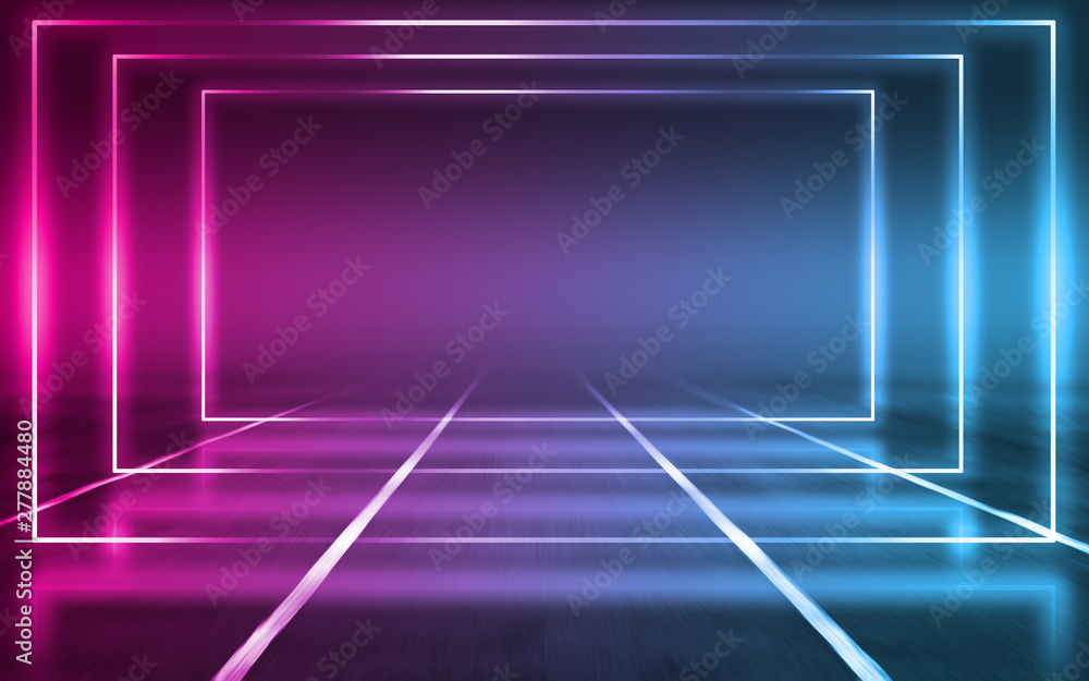 Empty background scene. Dark street reflection on wet asphalt. Rays of neon light in the dark, neon figures, smoke. Background of empty stage show. Abstract dark background. Empty background scene. Dark street reflection on wet asphalt. Rays of neon light in the dark, neon figures, smoke. Background of empty stage show. Abstract dark background.
