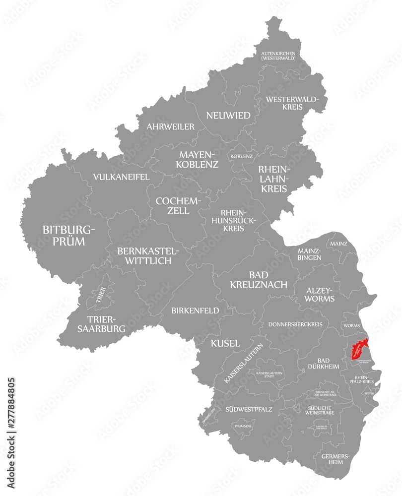 Frankenthal Pfalz red highlighted in map of Rhineland Palatinate DE