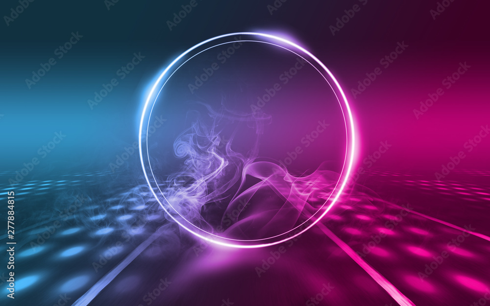 Empty background scene. Dark street reflection on wet asphalt. Rays of neon light in the dark, neon figures, smoke. Background of empty stage show. Abstract dark background. Empty background scene. Dark street reflection on wet asphalt. Rays of neon light in the dark, neon figures, smoke. Background of empty stage show. Abstract dark background.