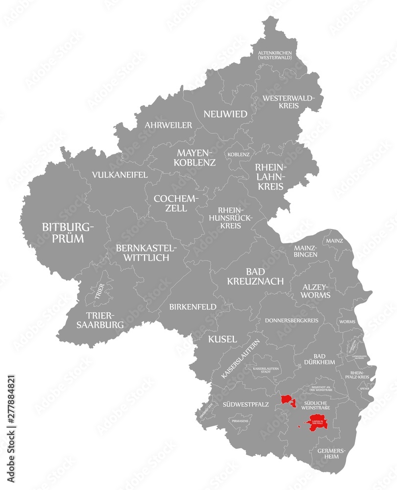 Landau in der Pfalz red highlighted in map of Rhineland Palatinate DE