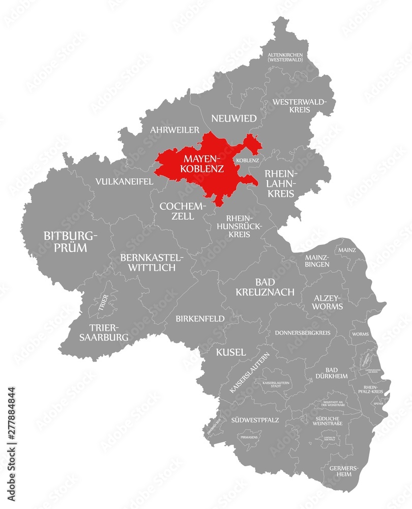 Mayen Koblenz red highlighted in map of Rhineland Palatinate DE