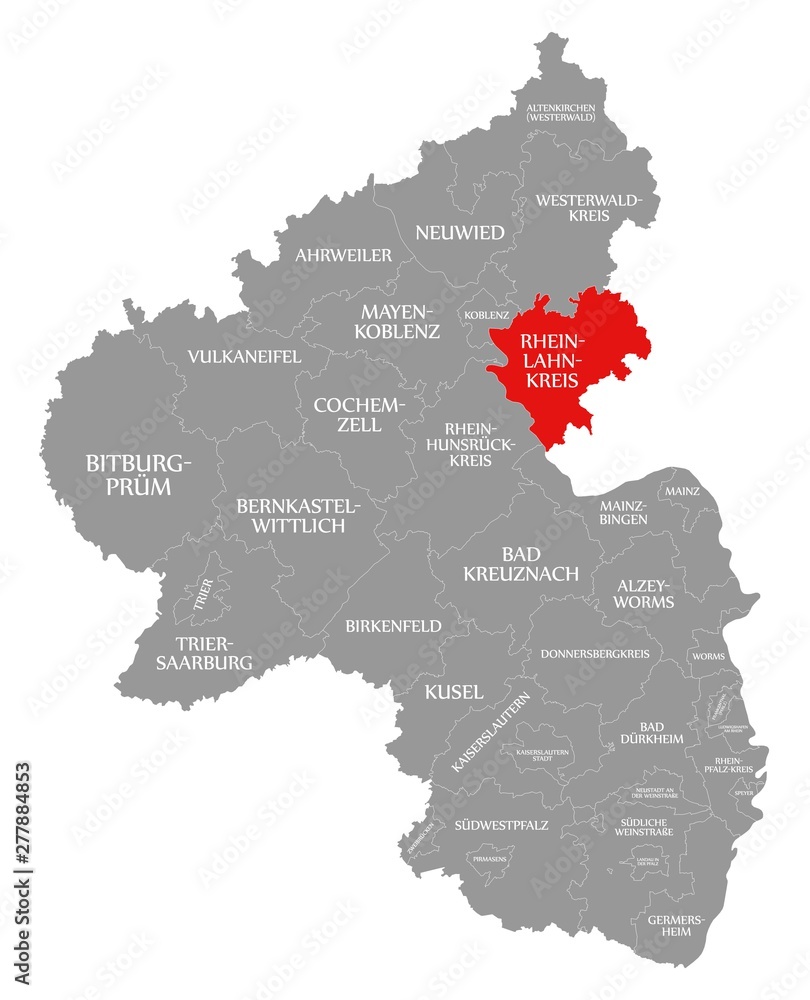Rhein Lahn Kreis red highlighted in map of Rhineland Palatinate DE