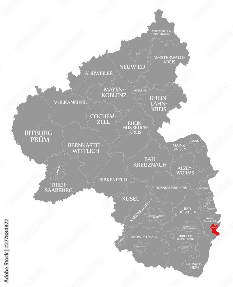 Speyer red highlighted in map of Rhineland Palatinate DE