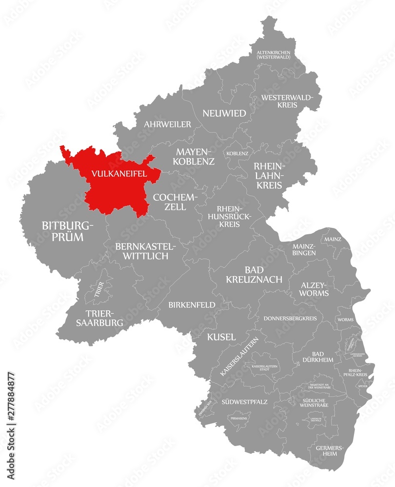 Vulkaneifel red highlighted in map of Rhineland Palatinate DE