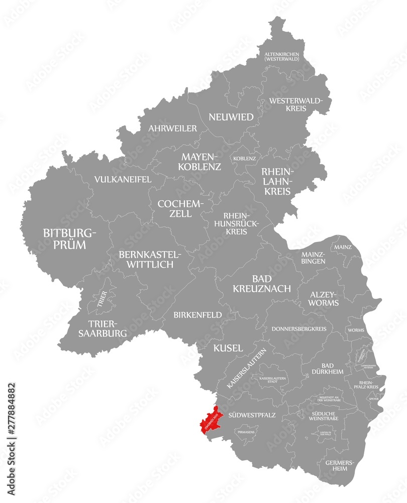 Zweibruecken red highlighted in map of Rhineland Palatinate DE