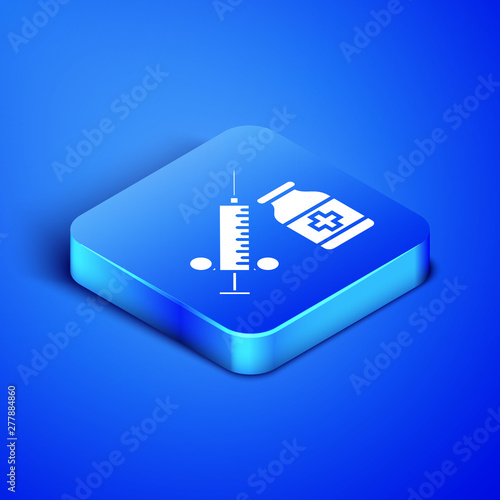 Isometric Medical syringe with needle and vial or ampoule icon isolated on blue background. Vaccination, injection, vaccine, insulin concept. Blue square button. Vector Illustration