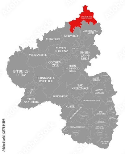 Altenkirchen Westerwald red highlighted in map of Rhineland Palatinate DE photo