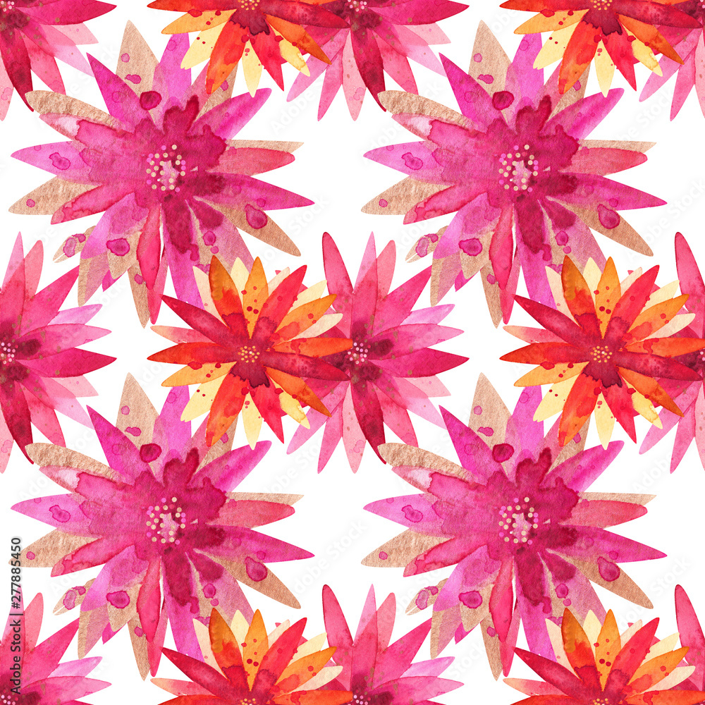 Seamless pattern with abstract red , pink, yellow, orange gold tropical flowers on a white background. Hand painted in watercolor. Seamless pattern with abstract red , pink, yellow, orange gold tropical flowers on a white background. Hand painted in watercolor.