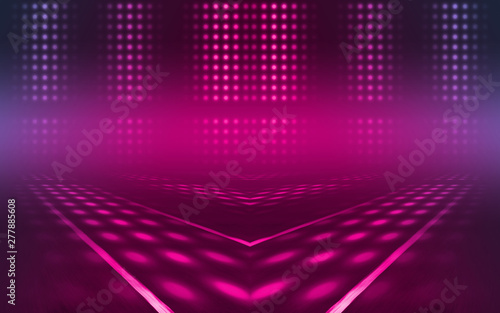 Empty background scene. Dark street reflection on wet asphalt. Rays of neon light in the dark, neon figures, smoke. Background of empty stage show. Abstract dark background.