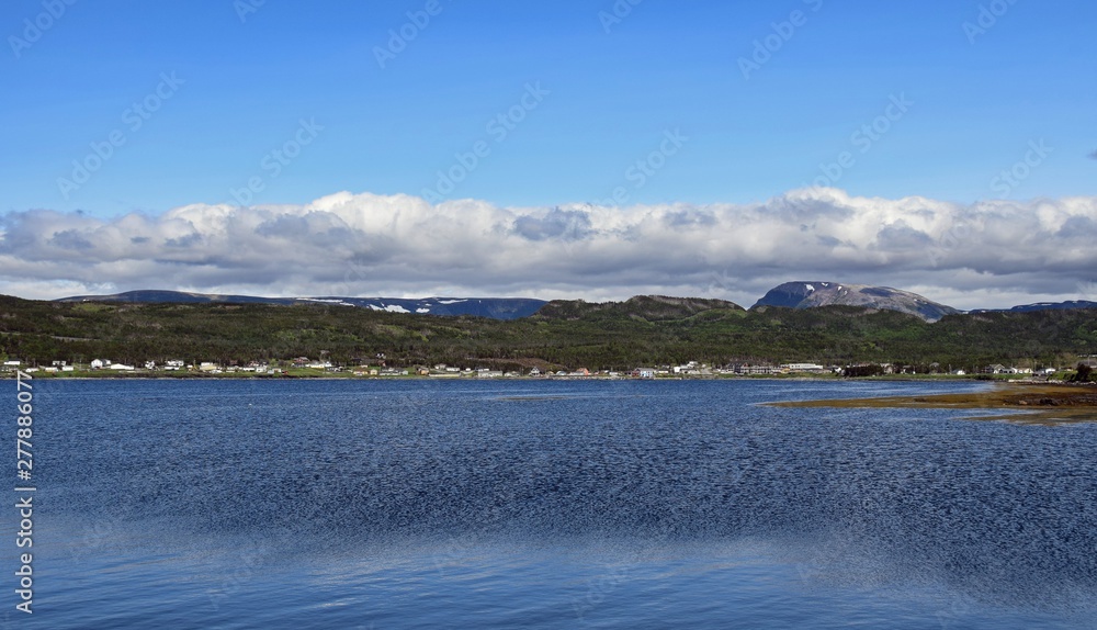 view across the bay towards the town of Rocky Harbour, scenery along the Viking Trail in the Gros Morne National Park, Newfoundland and Labrador, Canada view across the bay towards the town of Rocky Harbour, scenery along the Viking Trail in the Gros Morne National Park, Newfoundland and Labrador, Canada