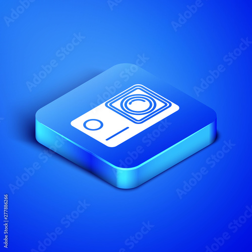 Isometric Action extreme camera icon isolated on blue background. Video camera equipment for filming extreme sports. Blue square button. Vector Illustration