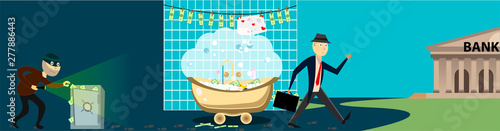 Illustration of theft of money from the safe. Money laundering for further contribution to the bank.