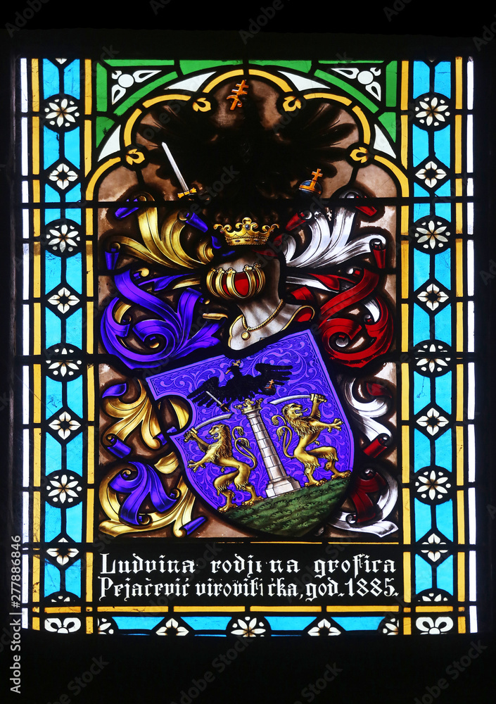 Obraz premium Coat of arms of Ban Countess Ludvine Pejacevic, stained glass in Zagreb cathedral 