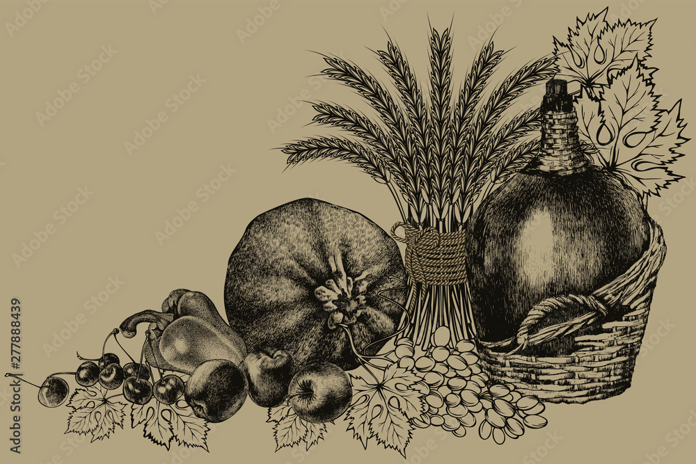 custom made wallpaper toronto digitalBio food. Harvest, fresh farm vegetables, fruits and ears of wheat. Bottle of wine and grapes. Vector