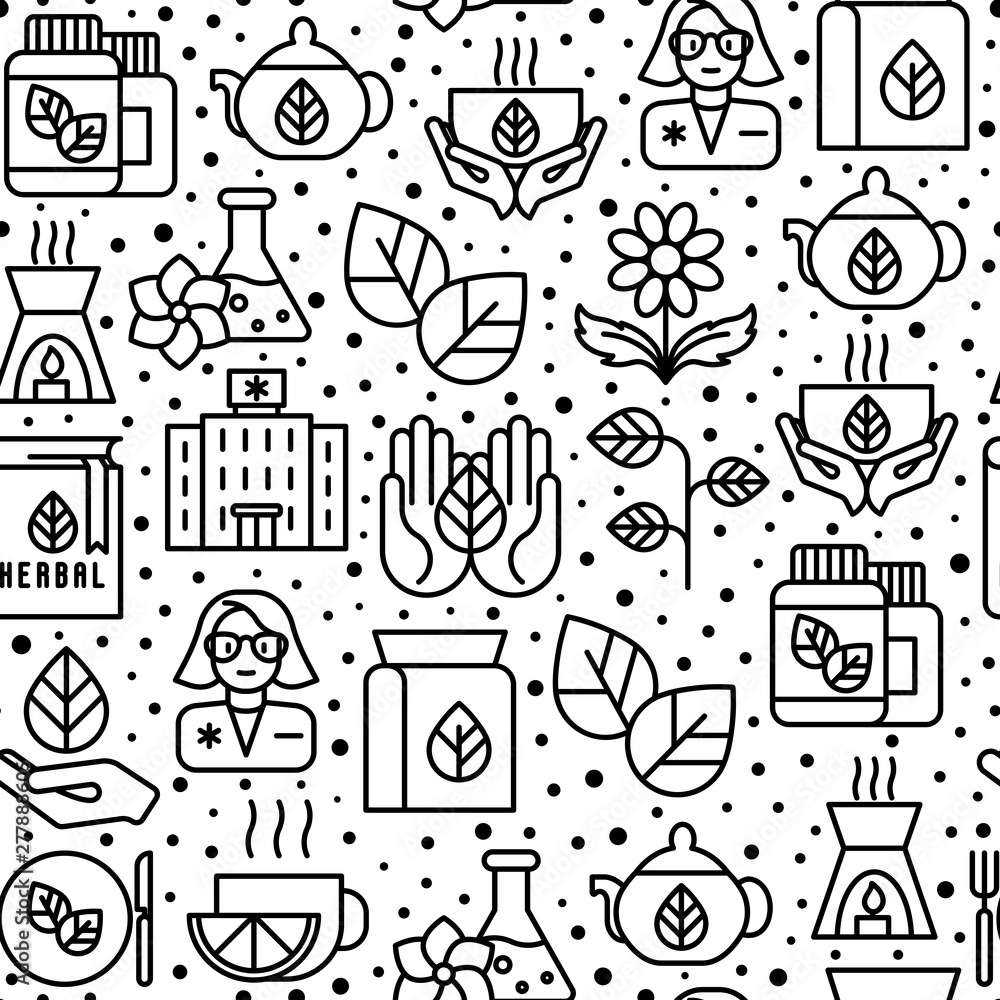 Herbal therapy seamless pattern with thin line icons: herbalist, decoction, aromatic oil, oil burner, tea. Vector illustration for banner, web page, print media.