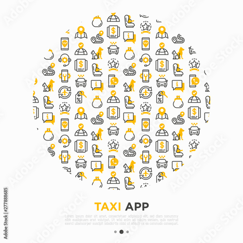 Taxi app concept in circle thin line icons: payment method, promocode, app settings, info, support service, phone number, location, pointer, route, airport transfer, baby seat. Vector illustration