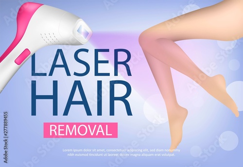 Colored and realistic banner with depilation by laser epilator. hair removal on the body. Composition with woman figure with beautiful legs and tools for depilation.