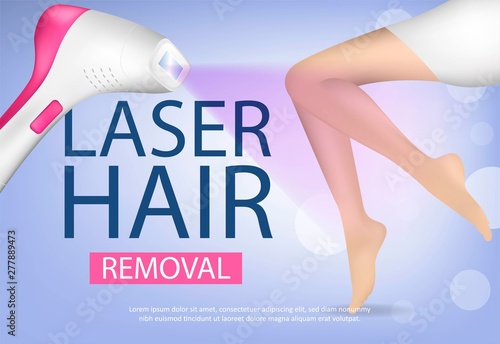 Colored and realistic banner with depilation by laser epilator. Hair removal on the body. Composition with woman figure with beautiful legs and tools for depilation.