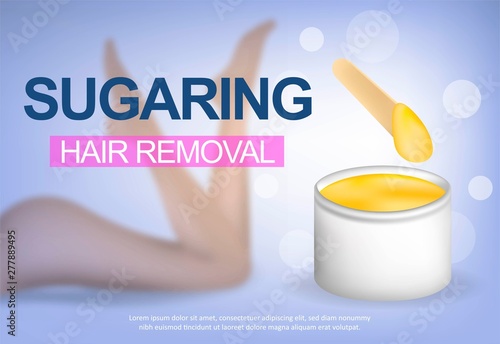 Colored and realistic banner with depilation by sugaring paste. hair removal on the body. Composition with woman figure with beautiful legs and tools for depilation.