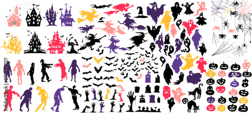 Collection of halloween silhouettes icon and character., witch, creepy and spooky elements for halloween decorations, silhouettes, sketch, icon, sticker. Hand drawn vector illustration - Vector photo