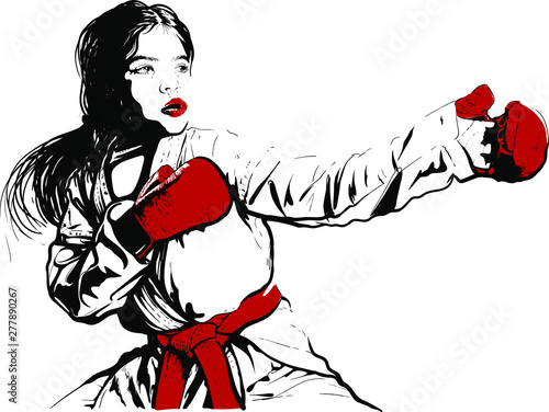 karate girl in red sports gloves, kimono and red belt for the competition stood in the classic position of readiness for the fight