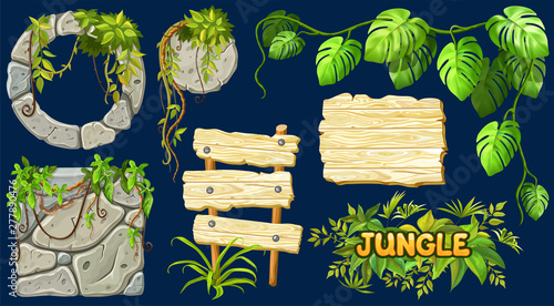Set cartoon game wooden and stone panels in jungle style with space for text. Isolated gui elements with tropical lianas, rocks and boards. Vector illustration on white background.