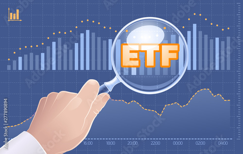 Search for ETF Investments. Graphic illustration themed around the Investments or Exchange Traded Funds topics.