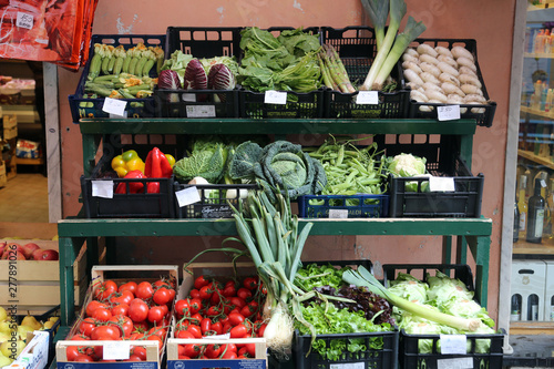Fototapeta Naklejka Na Ścianę i Meble -  Typical Italian grocery store on village street in Riomaggiore, Cinque Terre, Italy
