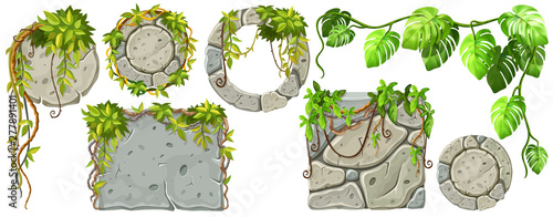 Stone boards decoration liana branches and tropical leaves. Set isolated cartoon vector circle and square frames with space for text on white background.