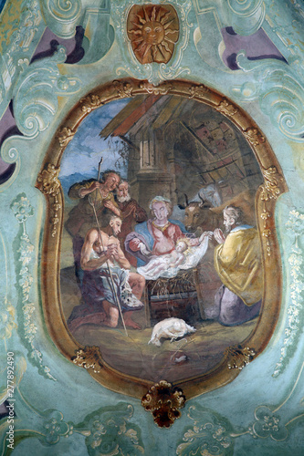 Nativity Scene, Adoration of the Shepherds, fresco on the ceiling of the Church of Our Lady of the Snow in Belec, Croatia photo