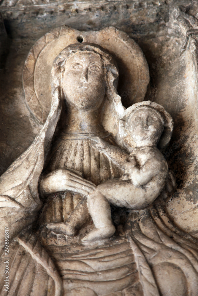 Madonna with Child, Detail of grand gate of old town of Kotor, Montenegro