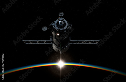 Spacecraft Orbiting Earth. 3D Illustration.