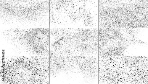 Set of Black Grainy Texture Isolated on White Background. Dust Overlay Textured. Dark Rough Noise Particles. Widescreen 16 : 9. Vector Design Elements, Illustration, EPS 10.