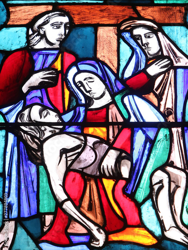 Pieta  stained glass window in Basilica of St. Vitus in Ellwangen  Germany