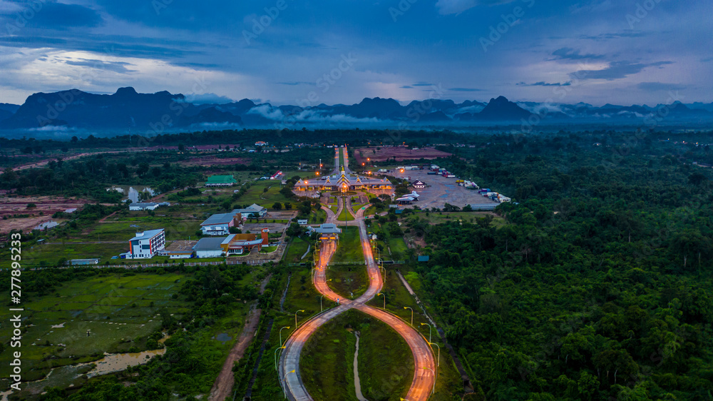 Aerial view Laos immigration, Thailand Laos border inspection, Thakhek, Khammouane, Laos.