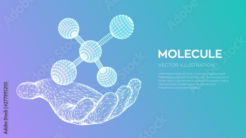Molecule in hand. Dna, atom, neurons. Molecules and chemical formulas. 3D Scientific molecule background for medicine, science, technology, chemistry, biology. Vector illustration.