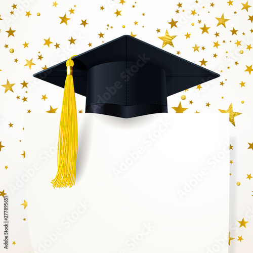 Graduate Cap with  Diploma on the Background of Gold Stars