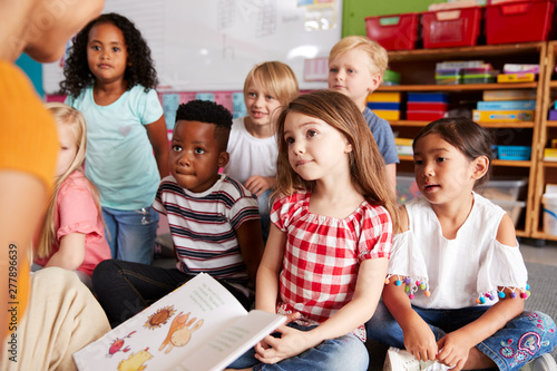 Group Of Elementary School Pupils Sitting On Floor Listening To Female Teacher Read Story