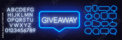 Neon sign giveaway . Set of neon speech bubbles and the alphabet on a dark background. Template for design.