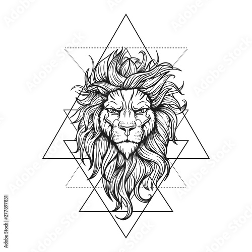 Vector Black and White Tattoo Lion Illustration on geometry sign