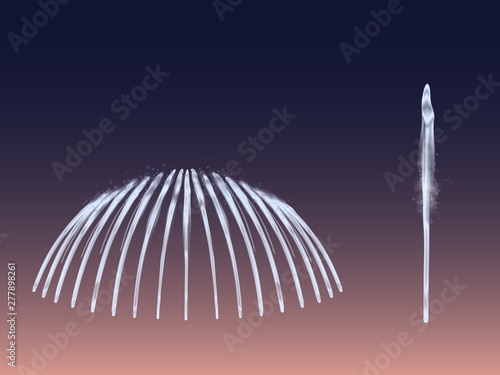 Fountain water jets set isolated on dark background. Single and multiple geysers flows eruption, aqua streams spurt up. Waterworks elements for advertising design. Realistic 3d vector illustration