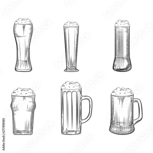 Set of Beer mug. Full beer glasses with foam. Engraving style.
