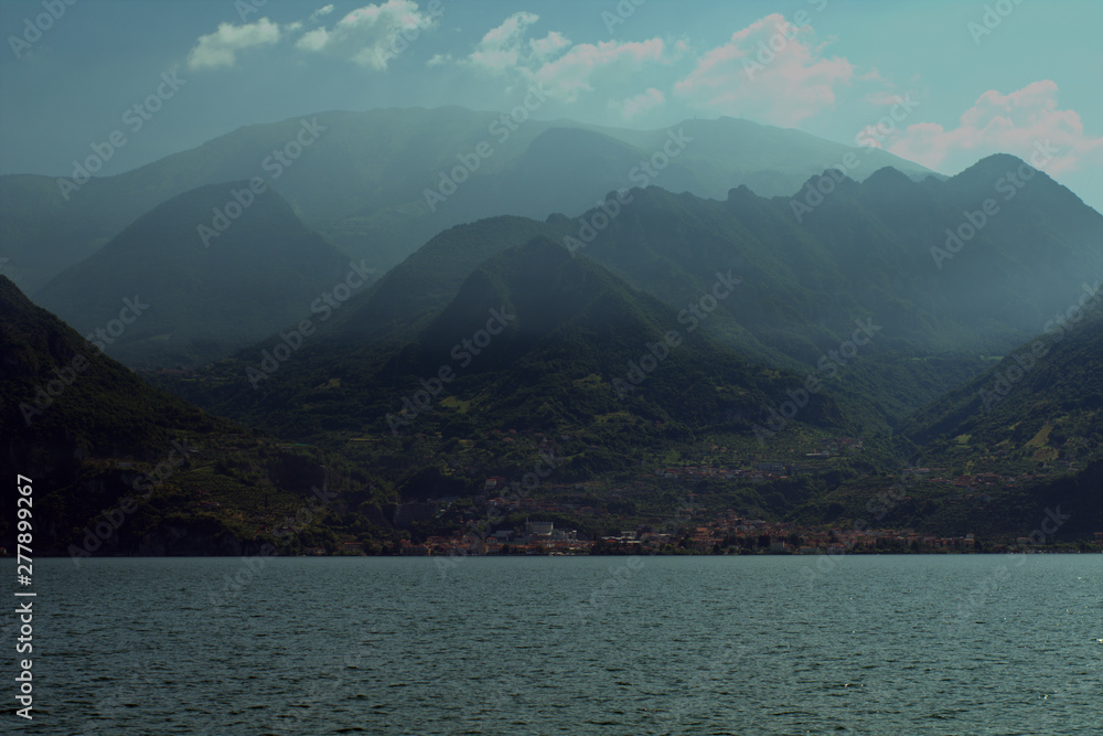 lake and mountains,sky, landscape,clouds,mist,summer,green,nature, panorama, n,