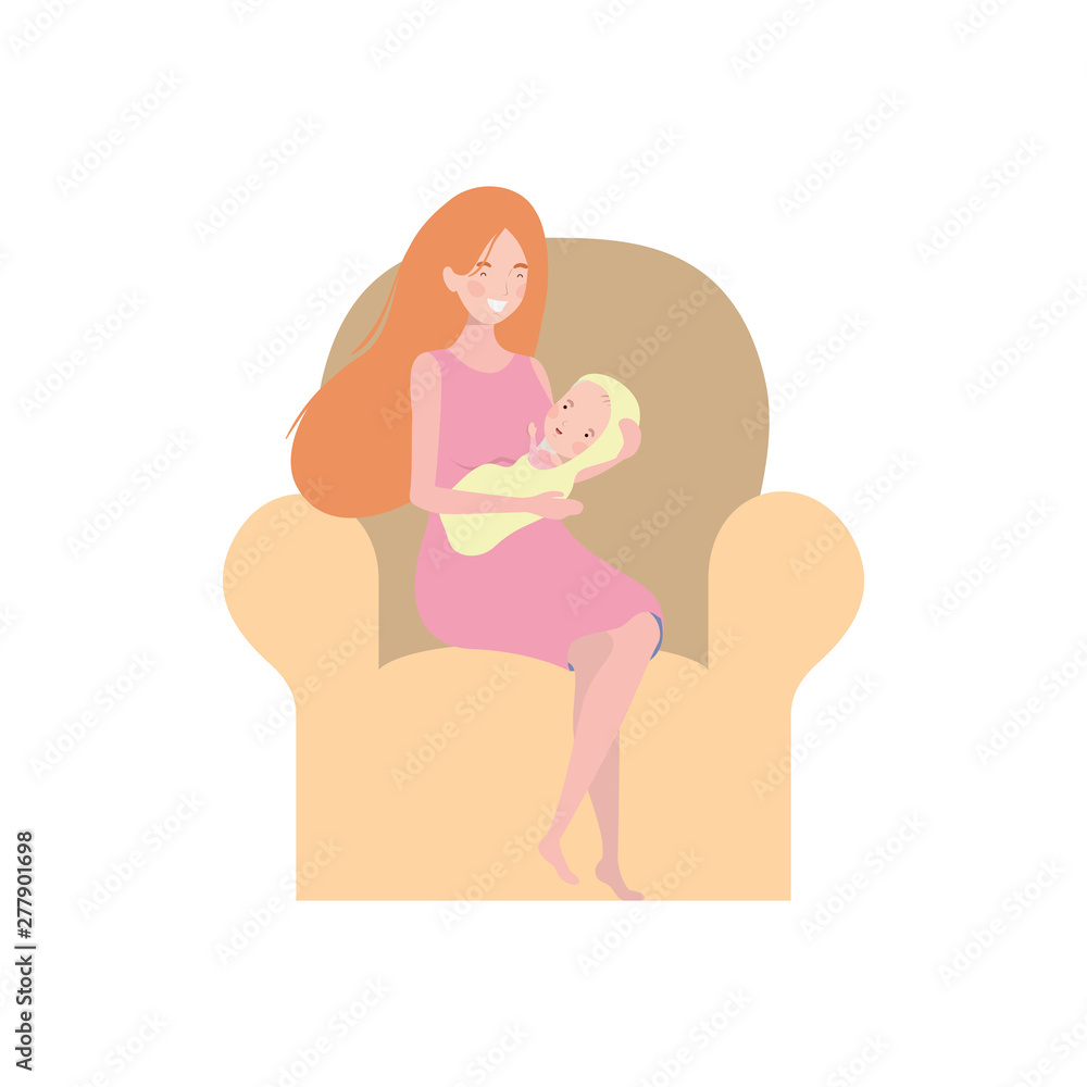 woman sitting on sofa with a newborn baby in her arms woman sitting on sofa with a newborn baby in her arms