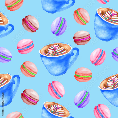 Seamless pattern with latte cups and colorful macaroons on blue background. Hand drawn watercolor illustration. Paper and fabric design