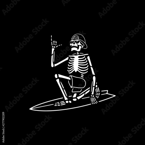 SKELETON SURFER WITH SHAKA HAND WHITE BLACK BACKGROUND